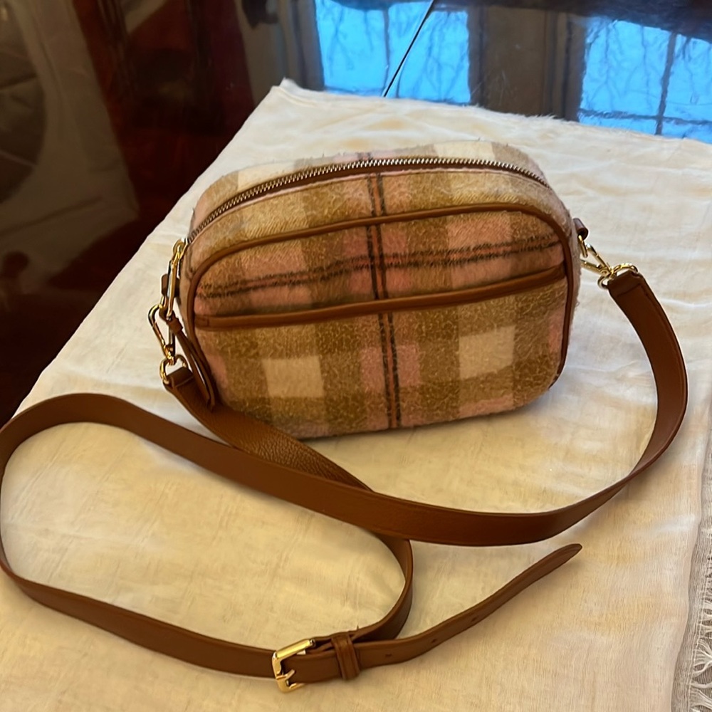 Pink plaid crossbody bag with leather trim by Talbots.
